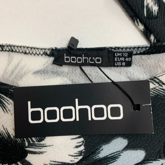 Boohoo Mini Dress Womens 8 Floral Print 3/4 Sleeves Pullover Stretch Boat Neck - Picture 10 of 13